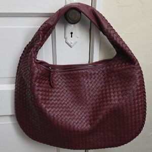 Large Vegan Leather Burgundy Woven Hobo Bag